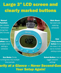 Two Zone Hose Timer For Garden And Lawn With LCD Display And Rain Delay Dual Outlet Sprinkler Controller close-up with large buttons