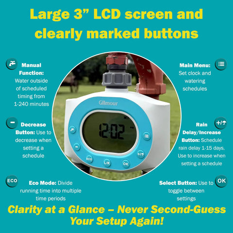 Two Zone Hose Timer For Garden And Lawn With LCD Display And Rain Delay Dual Outlet Sprinkler Controller close-up with large buttons