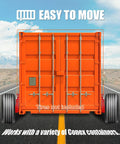 Two Pack Shipping Container Wheels With Eight Lug Configuration And Axle Ratchet Tie Down System For Moving Empty 20 To 40 Foot Marine Containers Marine Container Accessories Each Unit Certified To Support Up To 8800 Pounds, shown installed on an orange container on a road.