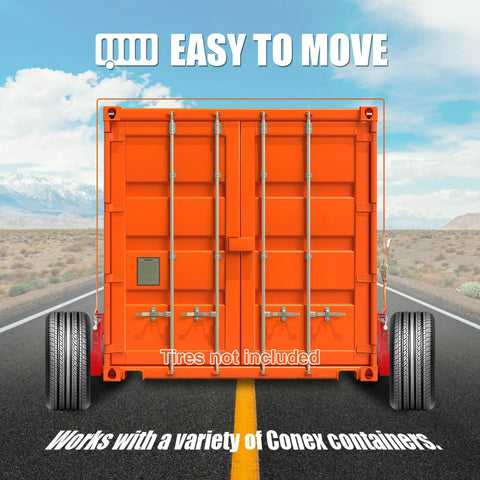 Two Pack Shipping Container Wheels With Eight Lug Configuration And Axle Ratchet Tie Down System For Moving Empty 20 To 40 Foot Marine Containers Marine Container Accessories Each Unit Certified To Support Up To 8800 Pounds, shown installed on an orange container on a road.