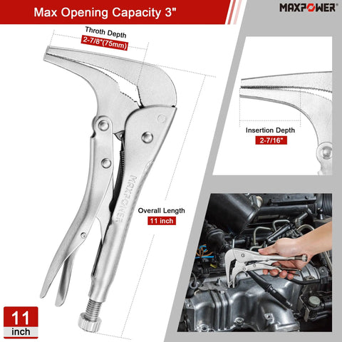 11 inch Two Pack 90 Degree Offset Long Nose Locking Pliers Set showing max opening capacity and usage in engine.