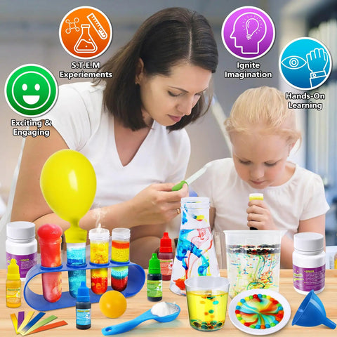 Mother and daughter exploring colorful 300 Plus Experiments Science Kit For Kids Epic STEM Toys With Lab Manual Volcano Crystal Growing Chemistry Set Endless Learning Fun For Boys And Girls Christmas Birthday Gifts