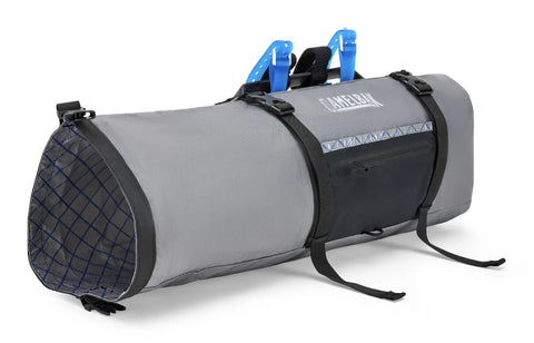 Mule 9 Bikepacking Waterproof Sideload Handlebar Pack With Easy Access Gear Pockets And Secure Attachment For Tents And Gear On Rough Trails Wolf Grey, showing front side and straps.