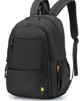 Underseat Personal Item Backpack For Travel And College Carry On Flight Approved By Ryanair Lightweight Waterproof Bookbag 16 By 8 By 10 Inches Underseat Duffle Style Black, shown upright with front pockets and adjustable straps.