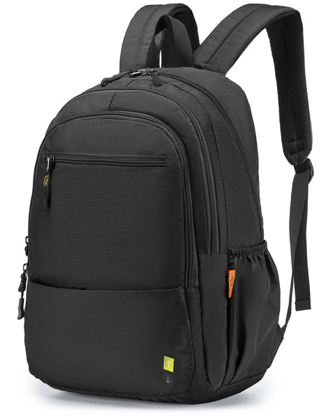 Underseat Personal Item Backpack For Travel And College Carry On Flight Approved By Ryanair Lightweight Waterproof Bookbag 16 By 8 By 10 Inches Underseat Duffle Style Black, shown upright with front pockets and adjustable straps.