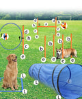 Dog Agility Training Starter Kit With Tunnel, 13 Weave Poles, Adjustable Hurdle, Jump Ring, Pause Box displayed on grass field