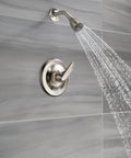 Foundations 13 Series Shower Trim Kit With Single Function All In One Single Spray Shower Head In Stainless BT1321SS Valve Not Included Fits Universal MultiChoice Rough In installed on a tiled wall