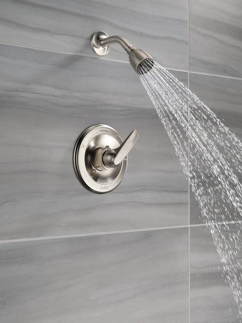 Foundations 13 Series Shower Trim Kit With Single Function All In One Single Spray Shower Head In Stainless BT1321SS Valve Not Included Fits Universal MultiChoice Rough In installed on a tiled wall