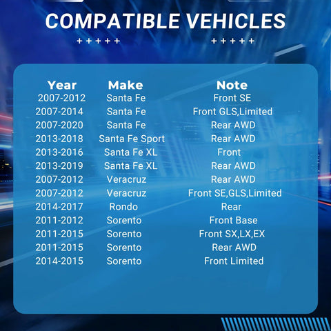 Compatibility chart for Front Or Rear Wheel Bearing Hub Assembly Direct Fit Replacement for Hyundai and Kia models.