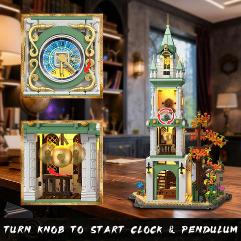 Epic Clock Tower Building Set With Light 1566 Pieces Mega Medieval Castle Kit displayed in cozy room with clock detail and gear view.