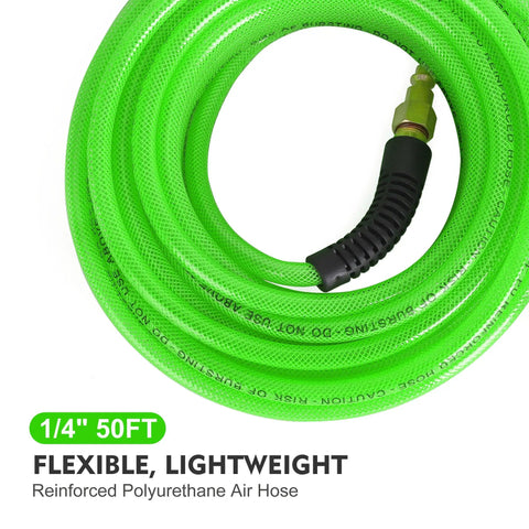 Built Like A Tank 1/4 Inch By 50 Feet Reinforced Polyurethane Air Compressor Hose With Quick Coupler Plug Kit Bend Restrictors 300 Psi lightweight flexible design