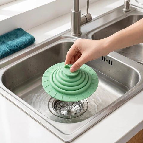 Bekecidi Bathtub Drain Cover, 6-Inch Silicone Tub Stopper, 3 Pack fitted over a sink drain with water flowing.