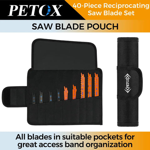 40 Piece Reciprocating Saw Blades Set For Metal Wood Plastic Cutting With Organizer Pouch displayed open and closed