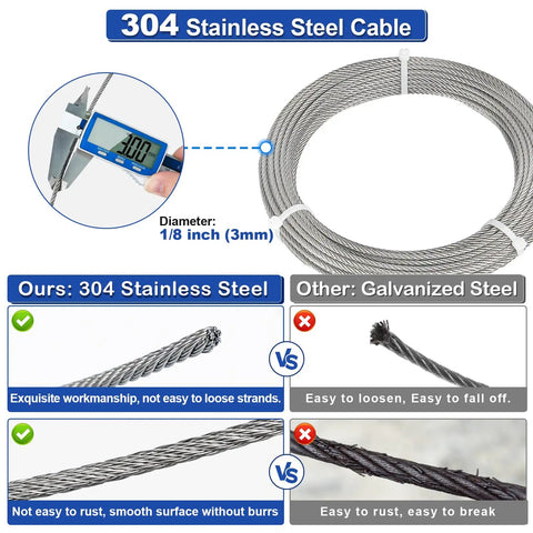 Heavy Duty 1/8 Stainless Steel Cable Kit, 50 Ft Aircraft Wire Rope 7x7 With M6 Turnbuckles comparison chart with measurements