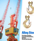 Two Pack 3/8 Inch Clevis Slip Hooks With Safety Latch Heavy Duty Drop Forged G70 Steel Grab Tools displayed with cranes.