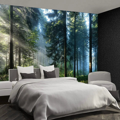 Nature Forest Tree Mural 195x120 Inches Fabric Wallpaper in bedroom, misty jungle landscape backdrop, waterproof and durable.