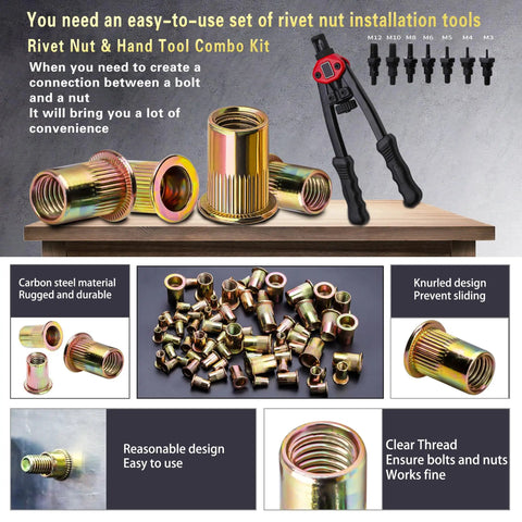 Pro Level Metric Rivet Nut Tool Kit With 750 Piece Threaded Insert Set Covering M3 Through M12 Press Fit Fasteners for installation tools