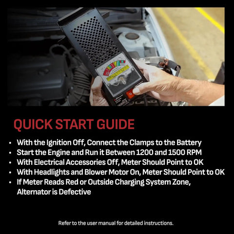 3 In 1 Battery Load Tester For 6V And 12V Cars And Diesels, Analyzes Battery Health, Tests Charging System And Starter, Handles Up To 1000 Cranking Amps With 50 Amp 6V And 100 Amp 12V Load, Model BT100 used on car battery
