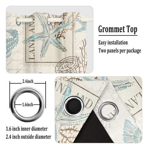 Nautical Theme Window Curtains Two Panels 42x63 Inches Each Blackout Insulating Drapes with grommet top, featuring starfish design.