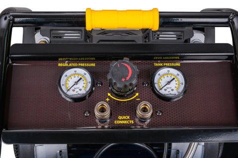 Whisper Quiet 26 Gallon Vertical Air Compressor 175 Psi Oil Free Electric Workshop Beast control panel with gauges and quick connects.