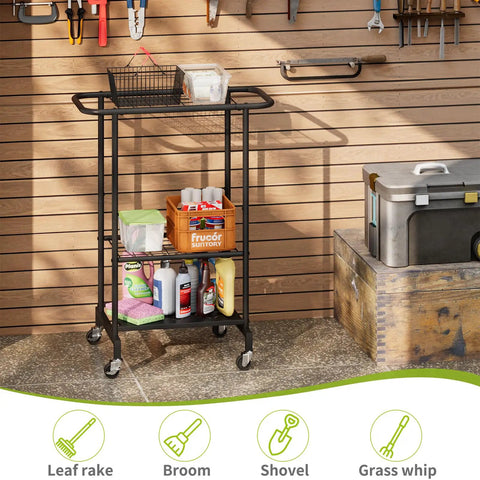 3-Tier Garden Tool Organizer On Wheels Heavy Duty Metal Rolling Storage Cart for rakes, shovels, and brooms in garage.