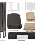 Components of 13x13 Pop Up Hexagonal Gazebo Canopy Shelter With Mesh Netting showing metal frame, cloth covers, mesh sidewall, stakes, and ropes.