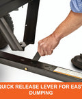 Person using quick dump lever on Heavy Duty Steel Tow Behind Dump Cart With 350 Pound Capacity 10 Cubic Feet Bed Removable Tailgate