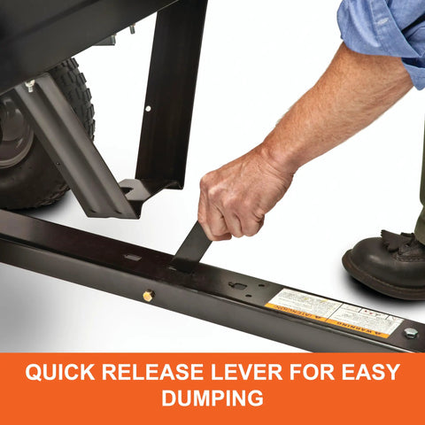 Person using quick dump lever on Heavy Duty Steel Tow Behind Dump Cart With 350 Pound Capacity 10 Cubic Feet Bed Removable Tailgate