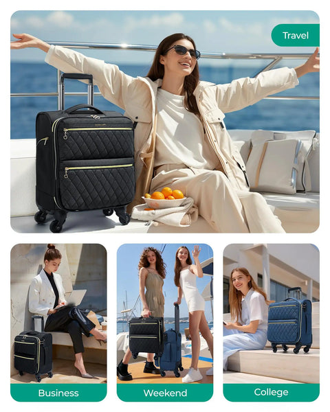 Underseat Carry On Luggage With Spinner Wheels 16 Inch Small Rolling Softside Suitcase For Women Airline Approved TSA Lock Black