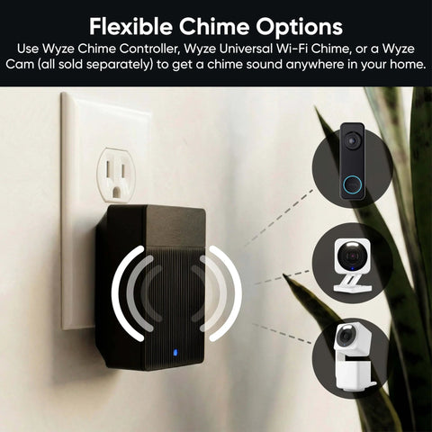 Wall-mounted chime controller for Battery Powered Video Doorbell Camera With 1-To-1 Head-To-Toe View next to plant.