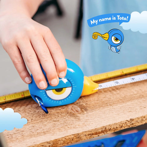 Kid Friendly 8 Foot Tape Measure With Blue Bird Design STEM Educational Tool Featuring Level And Protractor Retractable And Child Safe Vinyl Case With Backpack Clip Ideal Gift For Boys And Girls 3 Plus