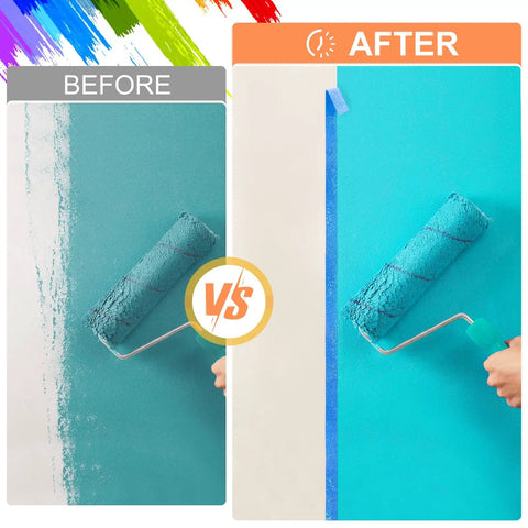 Comparison of paint lines before and after using Blue Painters Tape 180 Yards Removable Masking Tape For Painting And DIY Projects.