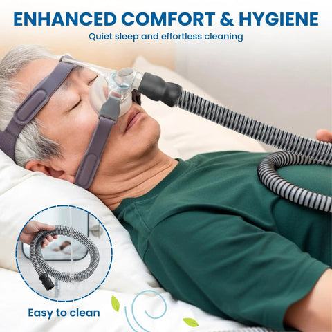 Non-Heated 6 Foot CPAP Tubing Replacement Black Universal Fit For Most CPAP Machines Easy To Reinstall Compatible With ResMed Philips Respironics Fisher And Paykel Durable Made In The USA Quality in use during sleep therapy, showing close-up and installation on patient.