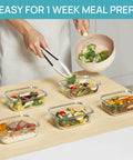 Person preparing meals in 5 Pack 22oz Glass Meal Prep Containers With Snap Airtight Lids Microwave Oven Freezer And Dishwasher Safe Glass Storage