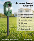 Four Pack Solar Motion Sensor Animal Deterrents With LED Strobe Lights Waterproof Outdoor Ultrasonic Repellent For Deer Dogs Cats Raccoons Skunks Coyotes Protect Your Garden Yard And Lawn, green stake