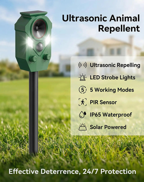Four Pack Solar Motion Sensor Animal Deterrents With LED Strobe Lights Waterproof Outdoor Ultrasonic Repellent For Deer Dogs Cats Raccoons Skunks Coyotes Protect Your Garden Yard And Lawn, green stake