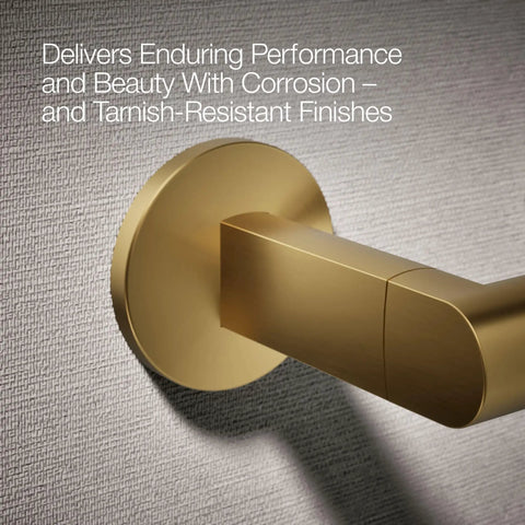 Components Pivoting Toilet Paper Holder With No Fuss Quick Change Design in brushed moderne brass finish close-up