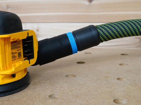 27mm Hose Adapter For Sander Dust Collection No Fuss Connects Dewalt And Craftsman Sander To Festool 27mm Hose Easy Dust Extractor Link Keeps Your Shop Clean And Clear, attached to sander on workbench