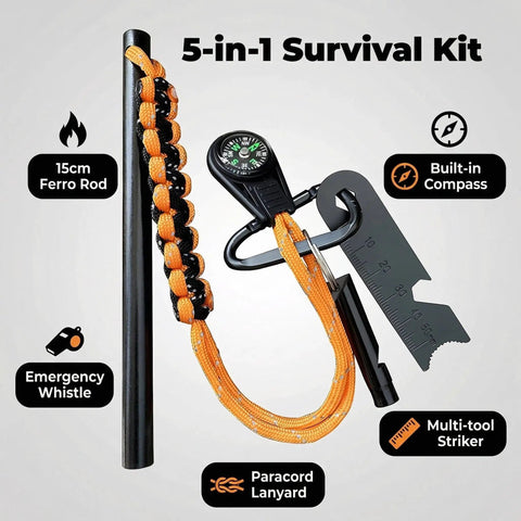 Easy Fire Starter Rod With Compass For Camping And Hiking, Magnesium Ferrocerium Fire Spark Rod 3/8 Inch By 6 Inch shown with multi-tool