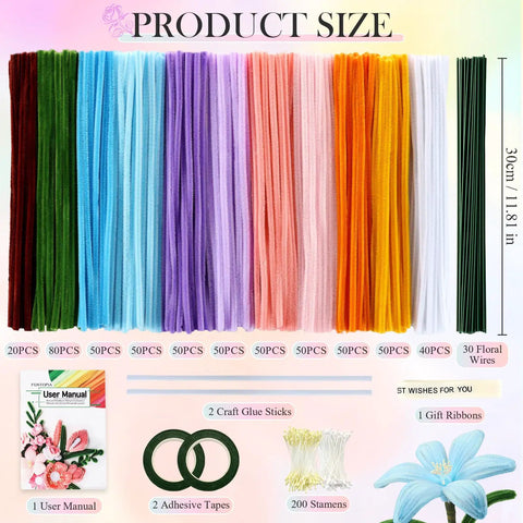 Massive 540 Piece Pipe Cleaners Craft Kit With 15 Designs Guiding Book For DIY Flower Bouquets And Party Decor on display