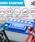 Colored Battery Terminal Clamps Set With Red Positive And Blue Negative Anode Tops, 12 Way Tapered Top Post shown on battery