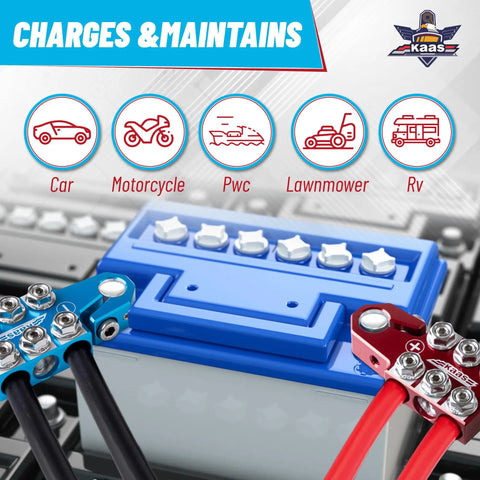 Colored Battery Terminal Clamps Set With Red Positive And Blue Negative Anode Tops, 12 Way Tapered Top Post shown on battery