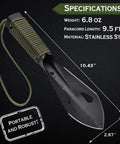 Ultralight Camping Trowel Shovel Multitool With Saw And Ruler, Portable Survival Spade for hiking, featuring measurements, black design.