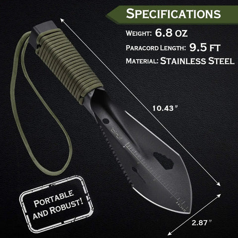 Ultralight Camping Trowel Shovel Multitool With Saw And Ruler, Portable Survival Spade for hiking, featuring measurements, black design.
