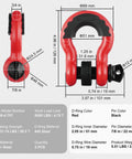 Red Beefy 3/4 Inch D Ring Shackle Set For Truck And Jeep Recovery, 7/8 Inch Screw Pin, 62,832 Lb Break Strength, dimensions and specs shown
