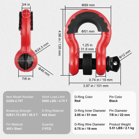 Red Beefy 3/4 Inch D Ring Shackle Set For Truck And Jeep Recovery, 7/8 Inch Screw Pin, 62,832 Lb Break Strength, dimensions and specs shown