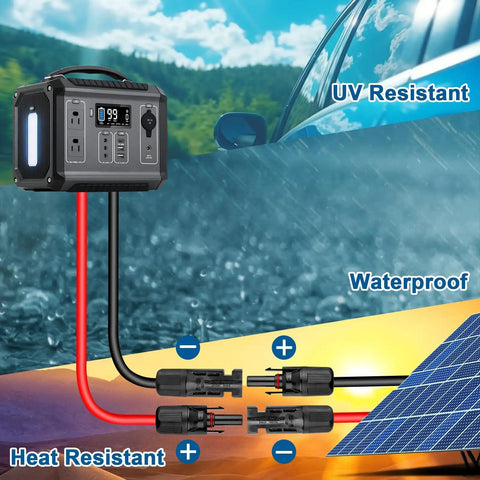 10AWG Solar Extension Cable 5 Ft 2 Pack Red And Black PV Wire With Solar Connectors in outdoor UV and heat-resistant setup