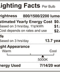 Lighting facts label for A21 LED Three Way Light Bulb With Low Medium High Settings, 2200 Lumens Daylight 5000K, 4 Pack