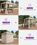 3 Person Outdoor Patio Porch Swing Gazebo with Netting and Curtains in different positions showing ventilation, mosquito protection, and privacy