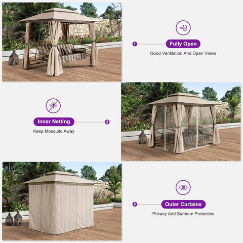 3 Person Outdoor Patio Porch Swing Gazebo with Netting and Curtains in different positions showing ventilation, mosquito protection, and privacy